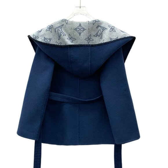 Louis Vuitton Womens Reversible Wool Hooded Belt Coat Blue Logo Print Size 36 XS - Picture 8 of 8